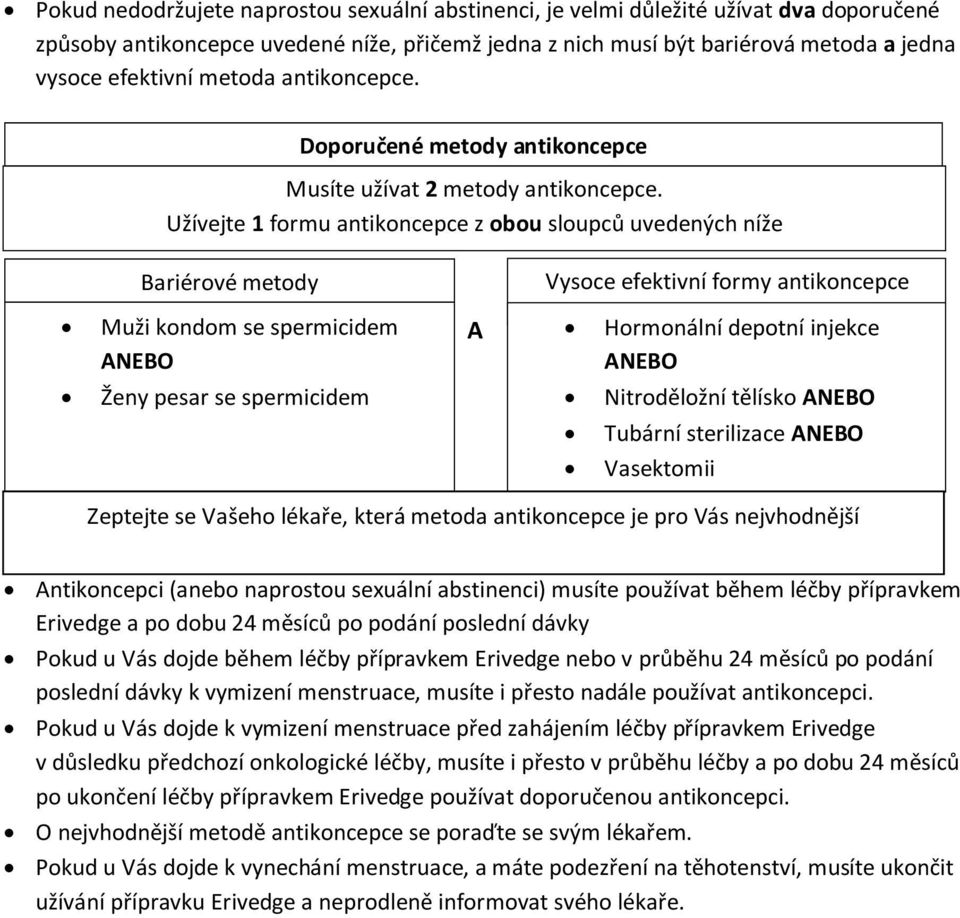 Užívejte 1 formu antikoncepce z obou sloupců uvedených níže Bariérové metody Vysoce efektivní formy antikoncepce Muži kondom se spermicidem A Hormonální A depotní injekce ANEBO Ženy pesar se