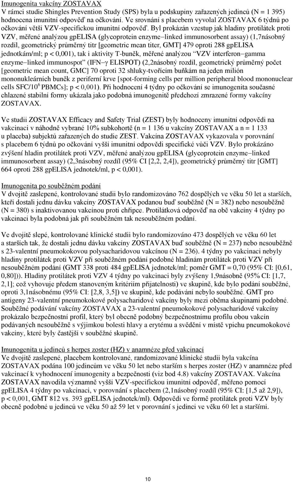 Byl prokázán vzestup jak hladiny protilátek proti VZV, měřené analýzou gpelisa (glycoprotein enzyme linked immunosorbent assay) (1,7násobný rozdíl, geometrický průměrný titr [geometric mean titer,