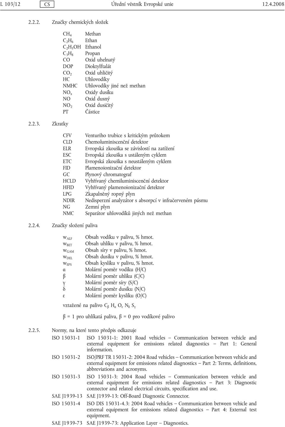 4.2008 2.2.2. Značky chemických složek CH 4 C 2 H 6 C 2 H 5 OH C 3 H 8 CO DOP CO 2 HC NMHC NO x NO NO 2 PT Methan Ethan Ethanol Propan Oxid uhelnatý Dioktylftalát Oxid uhličitý Uhlovodíky Uhlovodíky