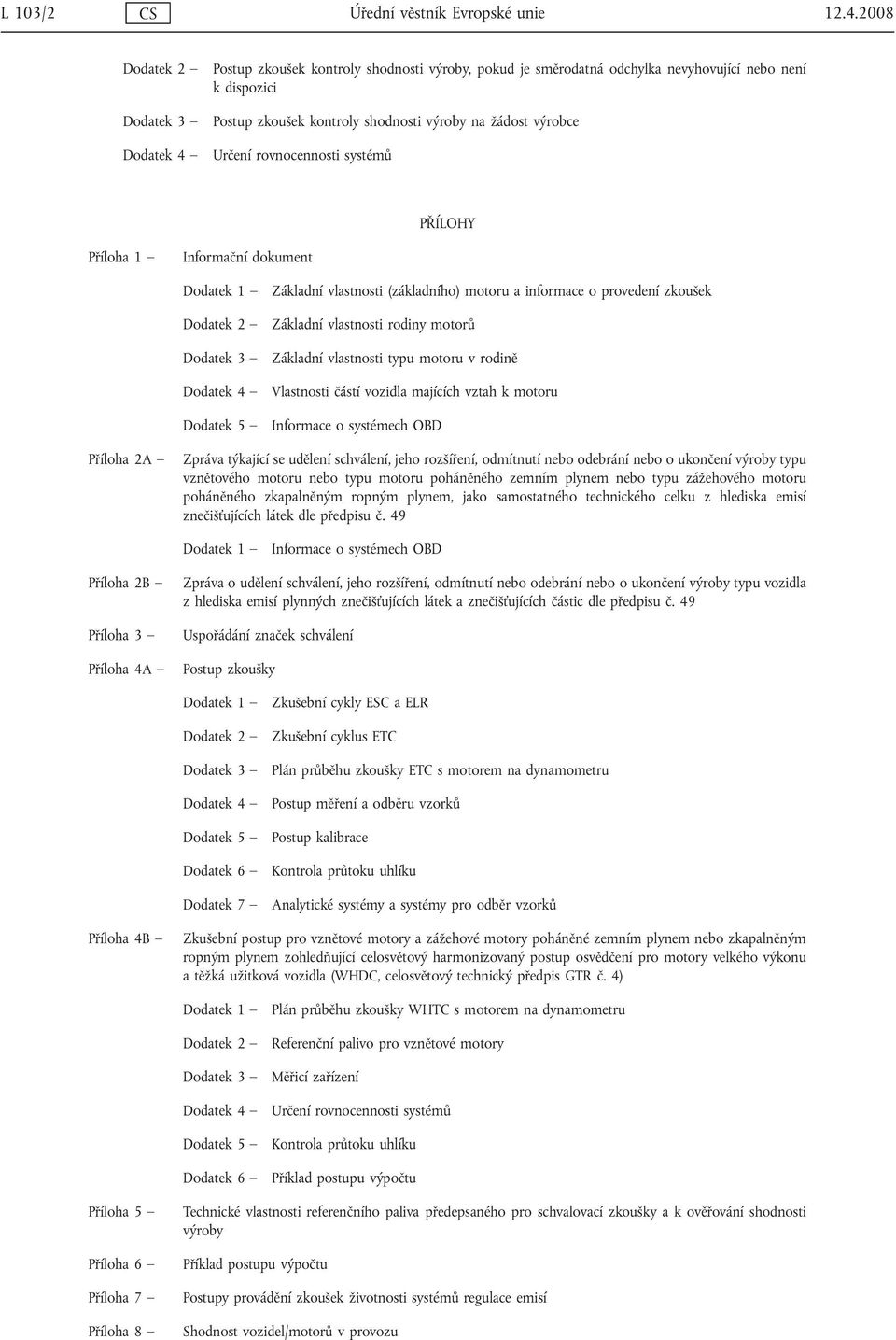 Určení rovnocennosti systémů PŘÍLOHY Příloha 1 Informační dokument Dodatek 1 Dodatek 2 Dodatek 3 Dodatek 4 Dodatek 5 Základní vlastnosti (základního) motoru a informace o provedení zkoušek Základní