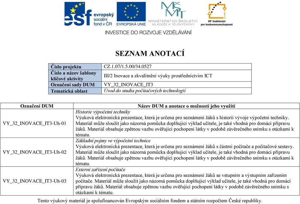 VY_32_INOVACE_IT3-Uh-03 Název DUM a anotace o možnosti jeho využití Historie výpočetní techniky Výuková elektronická prezentace, která je určena pro seznámení žáků s historií vývoje výpočetní