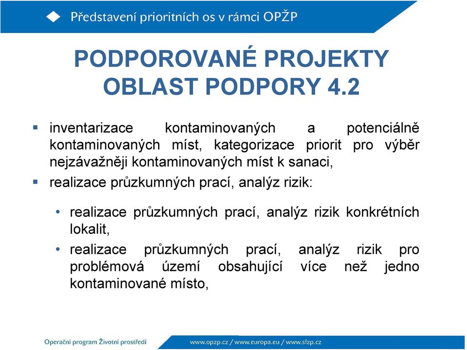 nejzávažněji kontaminovaných míst k sanaci, realizace průzkumných prací, analýz rizik: realizace