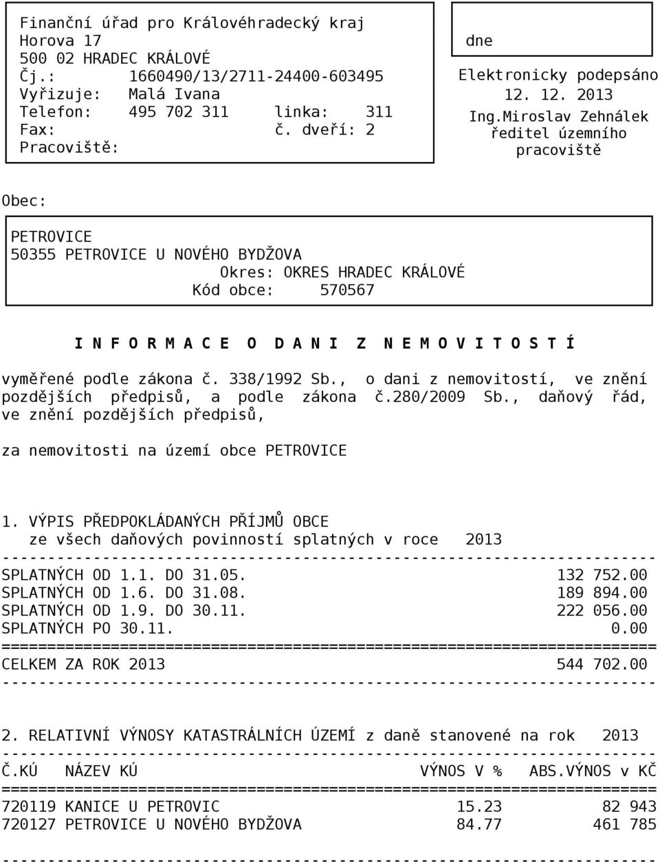 338/1992 Sb., o dani z nemovitostí, ve znění pozdějších předpisů, a podle zákona č.280/2009 Sb., daňový řád, ve znění pozdějších předpisů, za nemovitosti na území obce PETROVICE 1.