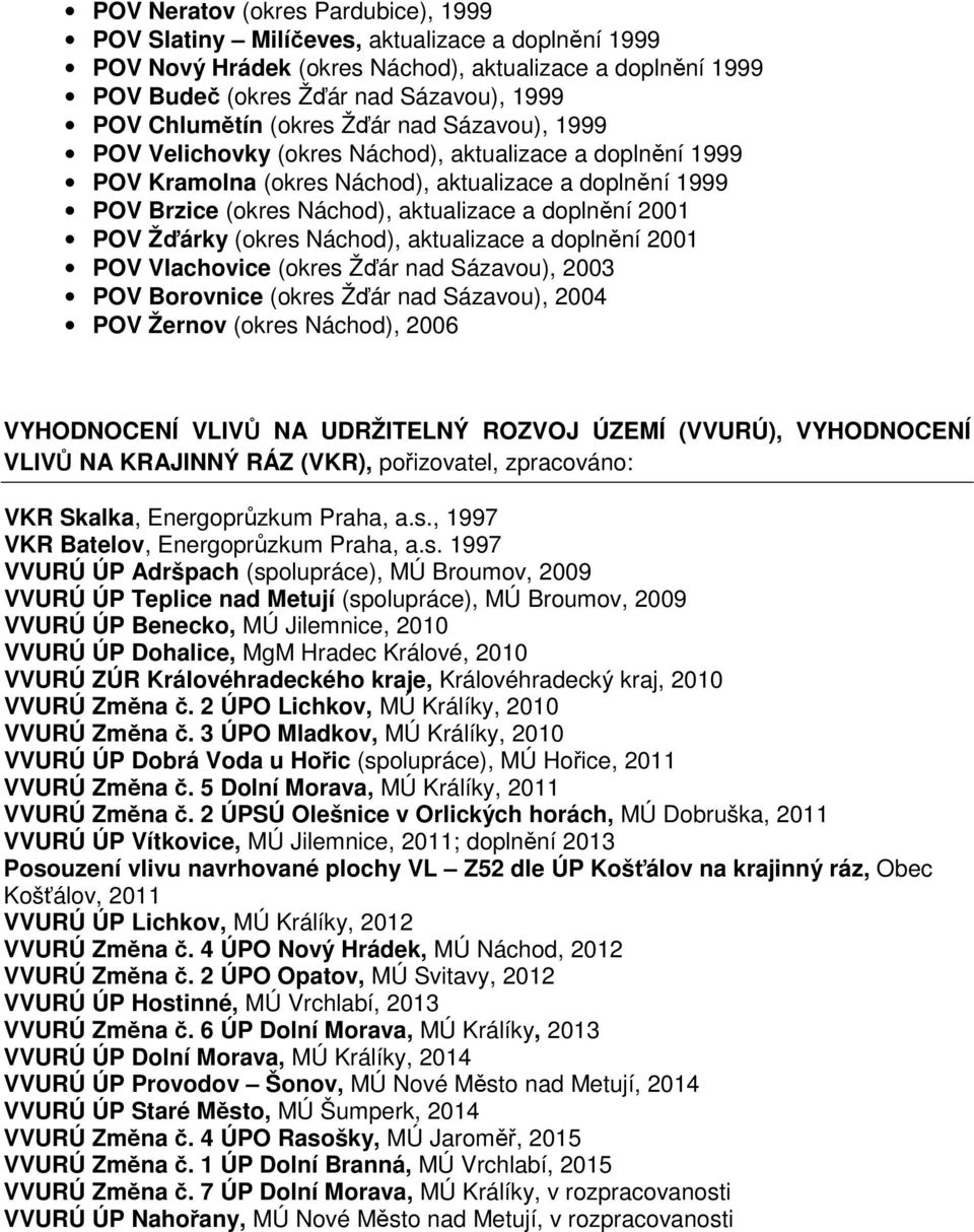 doplnění 2001 POV Žďárky (okres Náchod), aktualizace a doplnění 2001 POV Vlachovice (okres Žďár nad Sázavou), 2003 POV Borovnice (okres Žďár nad Sázavou), 2004 POV Žernov (okres Náchod), 2006