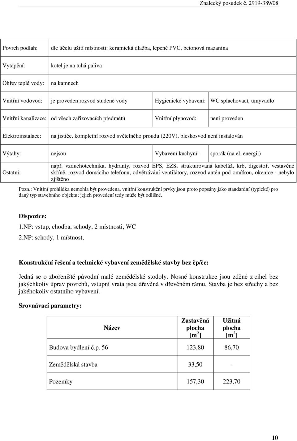 (220V), bleskosvod není instalován Výtahy: nejsou Vybavení kuchyní: sporák (na el. energii) Ostatní: např.