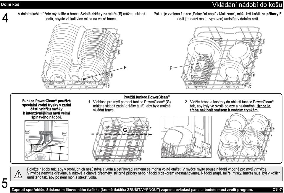 E F Funkce PowerClean používá speciální vodní trysky v zadní části vnitřku myčky k intenzivnějšímu mytí velmi špinavého nádobí. Použití funkce PowerClean 1.