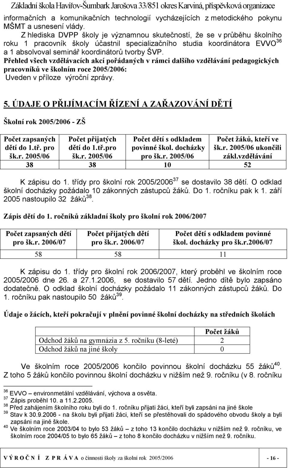 Přehled všech vzdělávacích akcí pořádaných v rámci dalšího vzdělávání pedagogických pracovníků ve školním roce 2005/2006: Uveden v příloze výroční zprávy. 5.