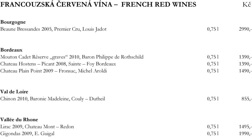Bordeaux 0,75 l 1390,- Chateau Plain Point 2009 Fronsac, Michel Aroldi 0,75 l 1490,- Val de Loire Chinon 2010, Baronie