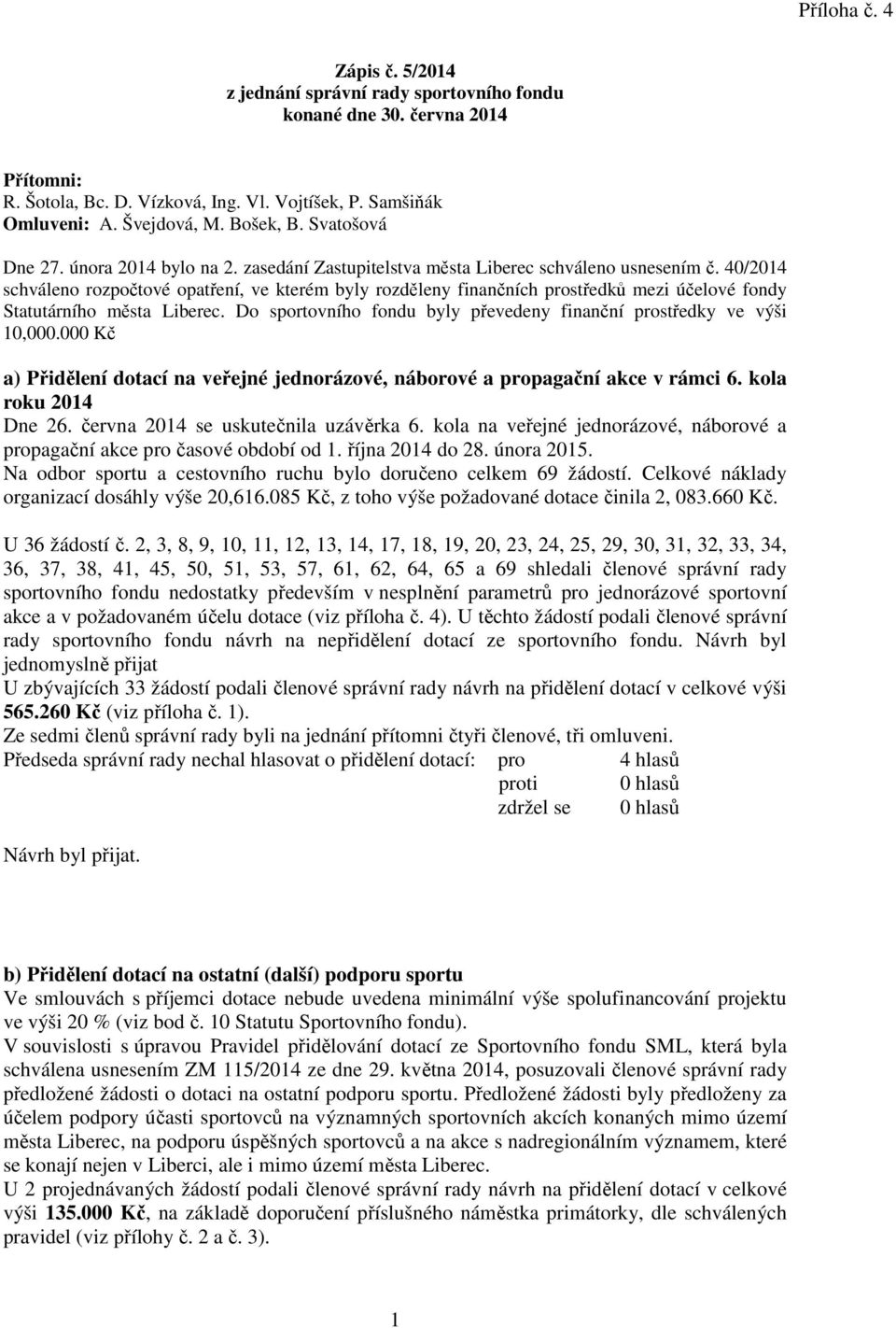 40/2014 schváleno rozpočtové opatření, ve kterém byly rozděleny finančních prostředků mezi účelové fondy Statutárního města. Do sportovního fondu byly převedeny finanční prostředky ve výši 10,000.