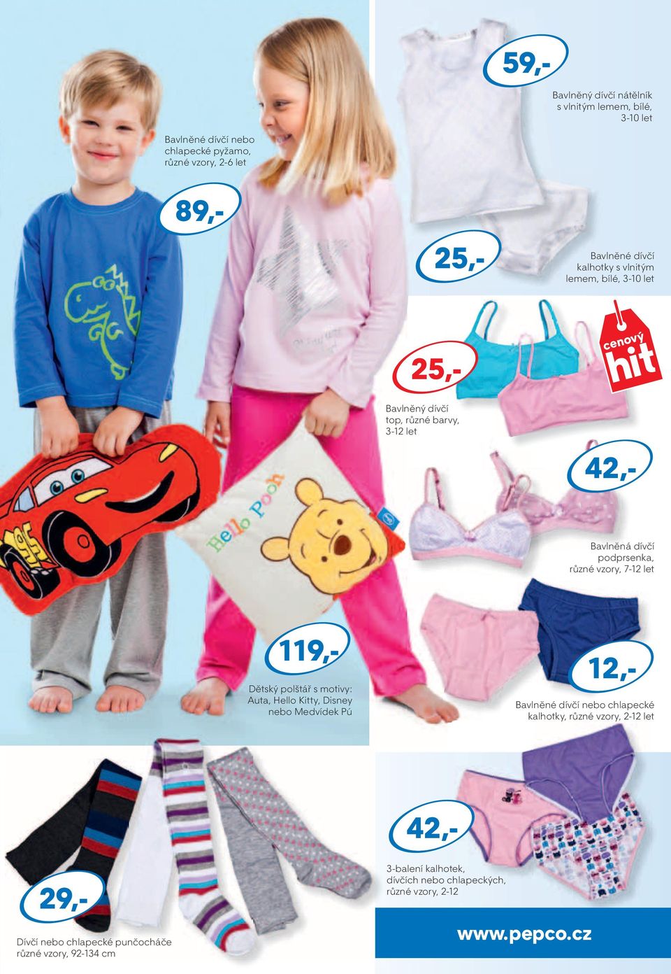 vzory, 7-12 let 12,- Dětský polštář s motivy: Auta, Hello Kitty, Disney nebo Medvídek Pú Bavlněné dívčí nebo chlapecké kalhotky, různé