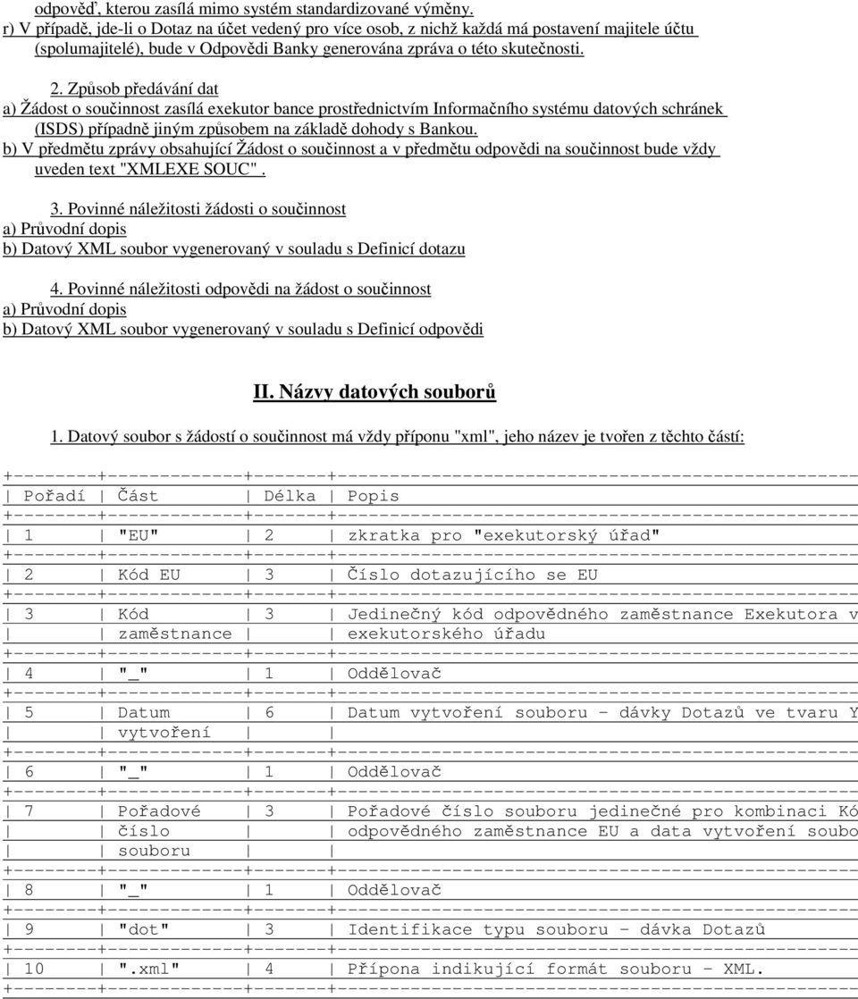 Způsob předávání dat a) Žádost o součinnost zasílá exekutor bance prostřednictvím Informačního systému datových schránek (ISDS) případně jiným způsobem na základě dohody s Bankou.