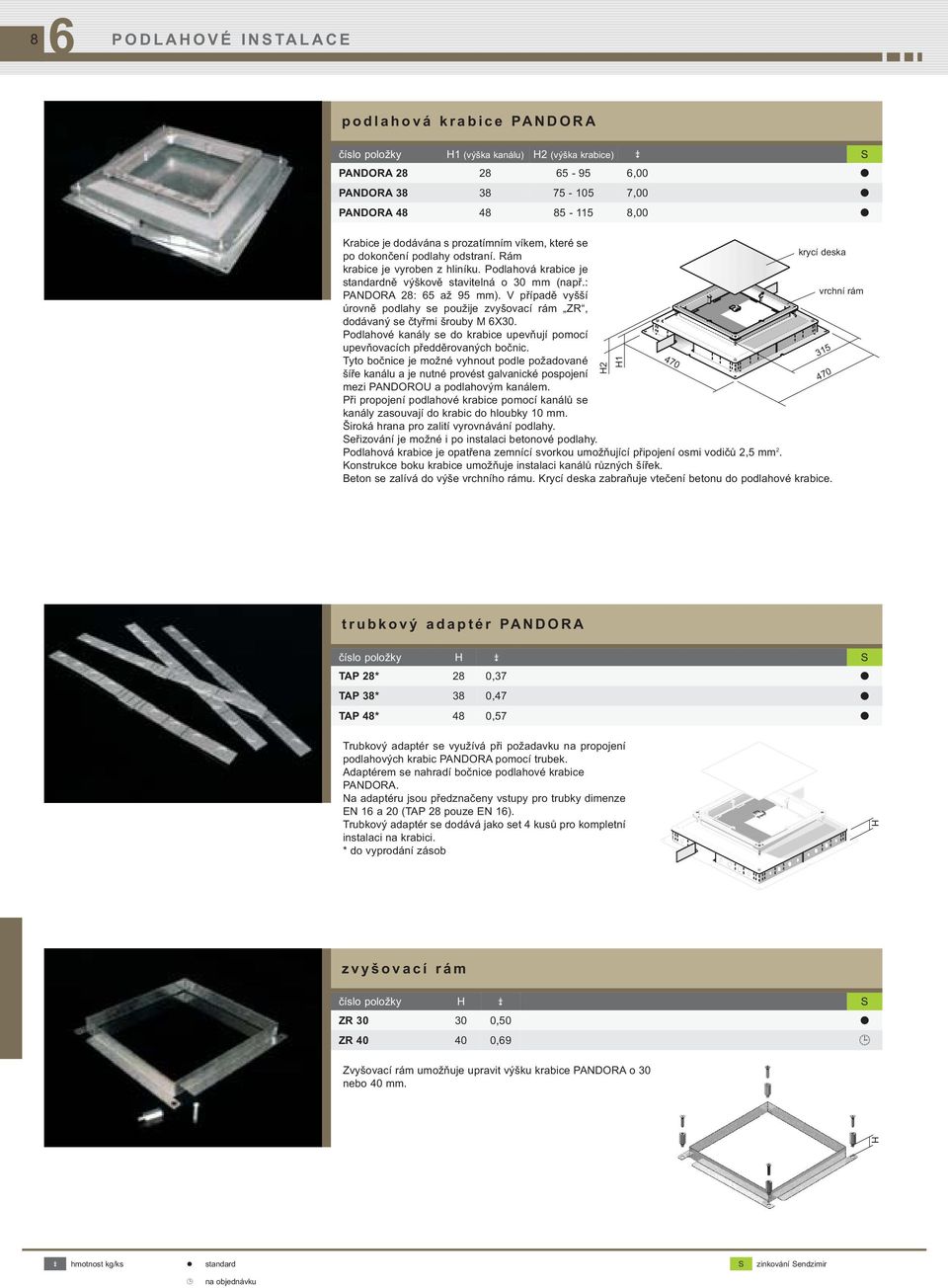 : vrchní rám PANDORA 28: 5 až 95 mm). V případě vyšší úrovně podlahy se použije zvyšovací rám ZR, dodávaný se čtyřmi šrouby M X30.