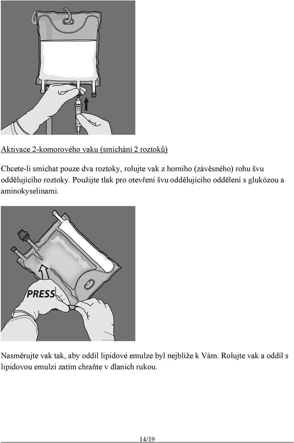 Použijte tlak pro otevření švu oddělujícího oddělení s lukózou a aminokyselinami.