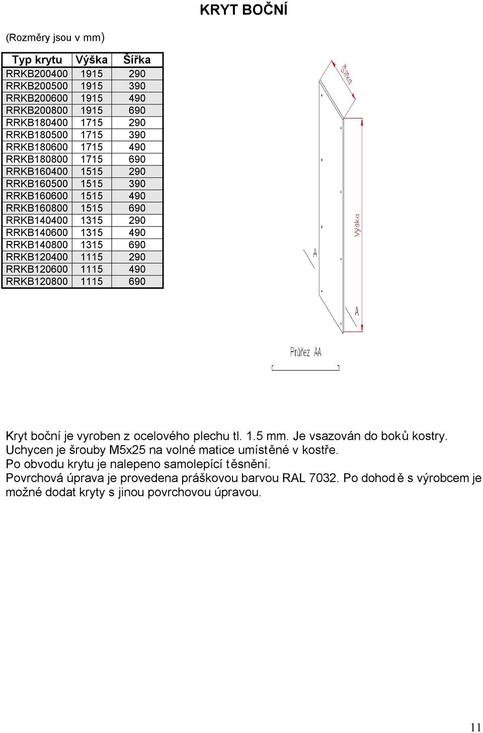 290 RRKB120600 1115 490 RRKB120800 1115 690 Kryt boční je vyroben z ocelového plechu tl. 1.5 mm. Je vsazován do boků kostry.