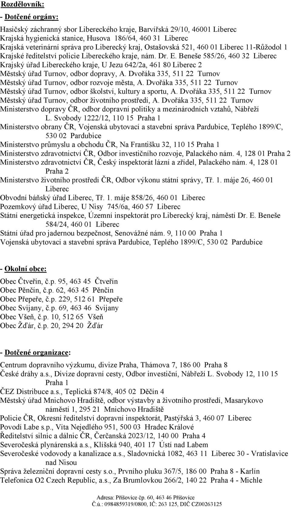 Beneše 585/26, 460 32 Liberec Krajský úřad Libereckého kraje, U Jezu 642/2a, 461 80 Liberec 2 Městský úřad Turnov, odbor dopravy, A.