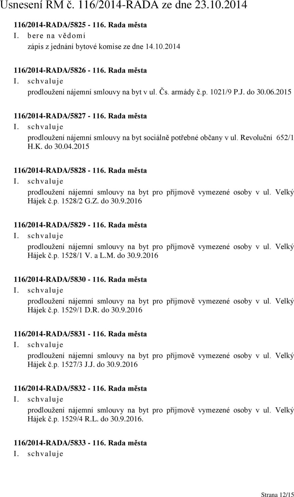 Rada města prodloužení nájemní smlouvy na byt pro příjmově vymezené osoby v ul. Velký Hájek č.p. 1528/2 G.Z. do 30.9.2016 116/2014-RADA/5829-116.