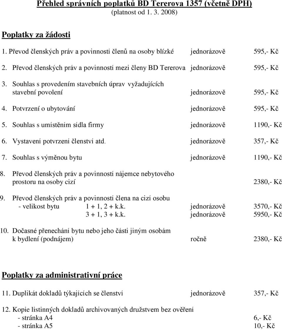 Potvrzení o ubytování jednorázově 595,- Kč 5. Souhlas s umístěním sídla firmy jednorázově 1190,- Kč 6. Vystavení potvrzení členství atd. jednorázově 357,- Kč 7.