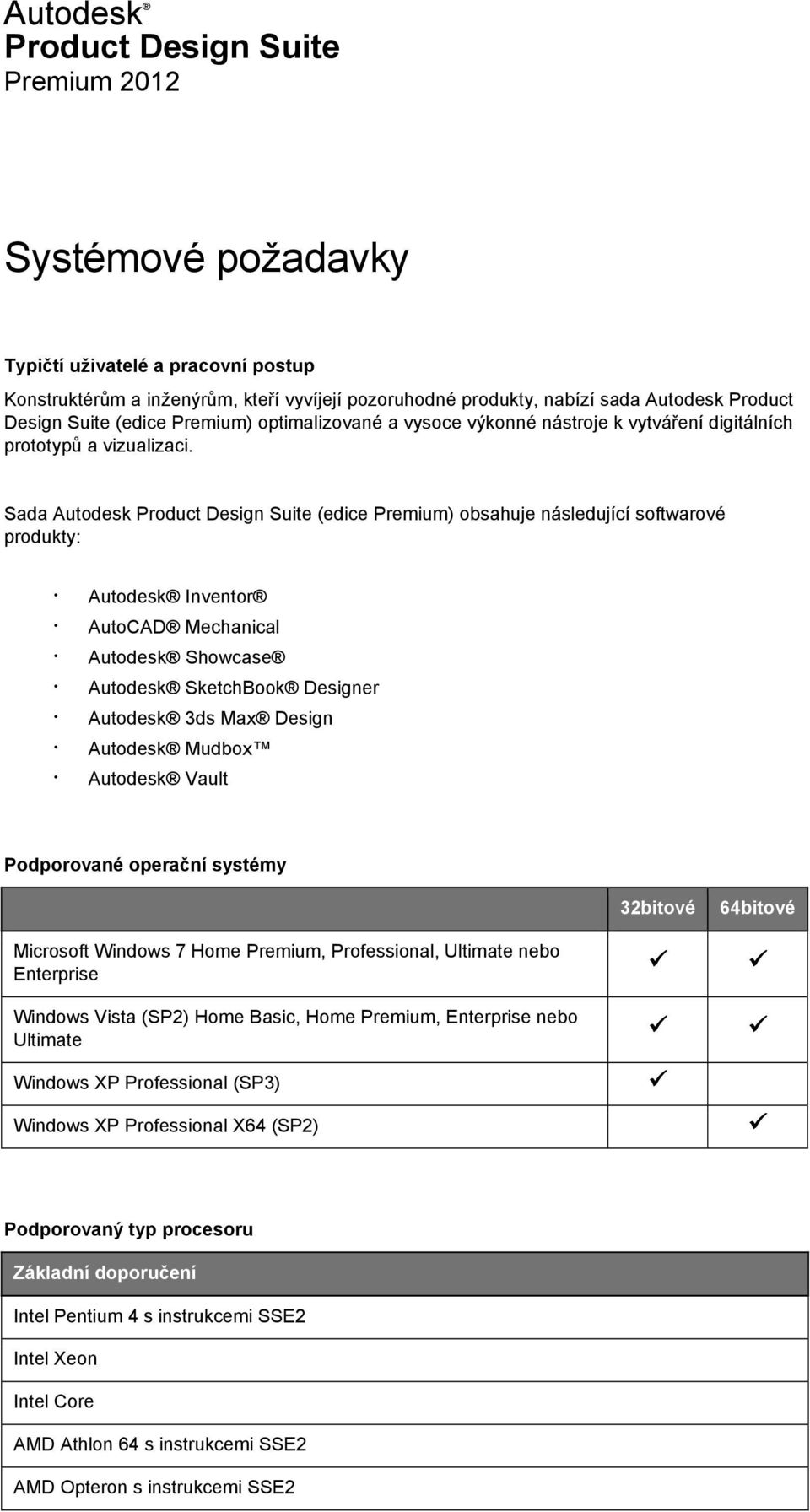 Sada Autodesk Product Design Suite (edice Premium) obsahuje následující softwarové produkty: Inventor AutoCAD Mechanical Showcase SketchBook Designer 3ds Max Design Mudbox Vault Podporované operační