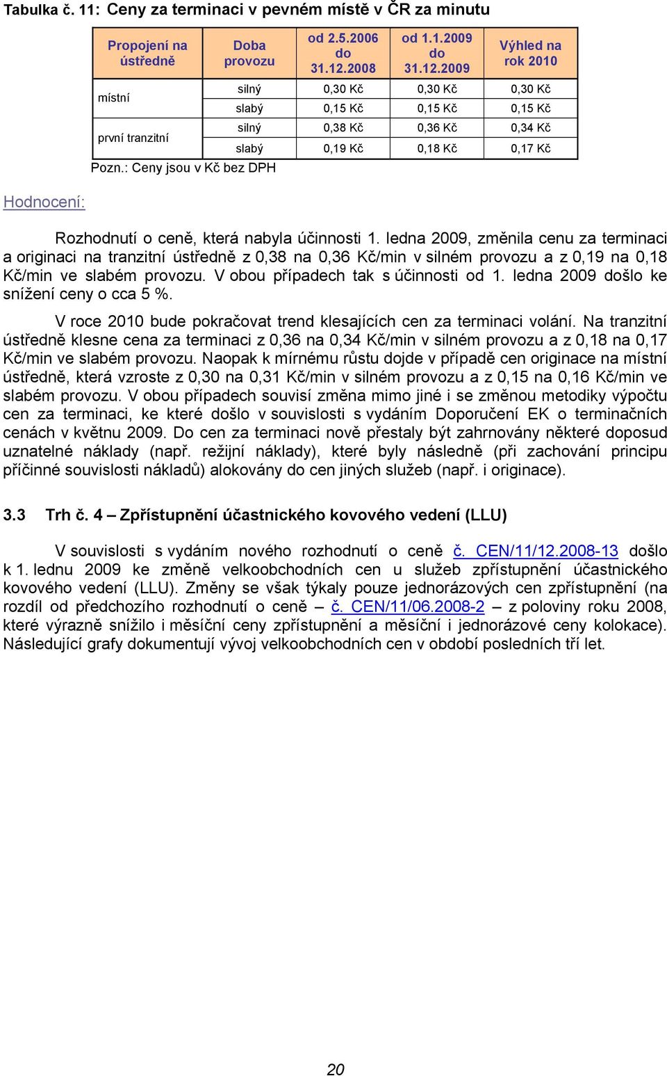 ledna 2009, změnila cenu za terminaci a originaci na tranzitní ústředně z 0,38 na 0,36 Kč/min v silném provozu a z 0,19 na 0,18 Kč/min ve slabém provozu. V obou případech tak s účinnosti od 1.