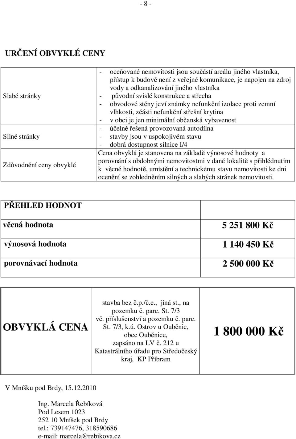 jen minimální ob anská vybavenost - eln ešená provozovaná autodílna - stavby jsou v uspokojivém stavu - dobrá dostupnost silnice I/4 Cena obvyklá je stanovena na základ výnosové hodnoty a porovnání s