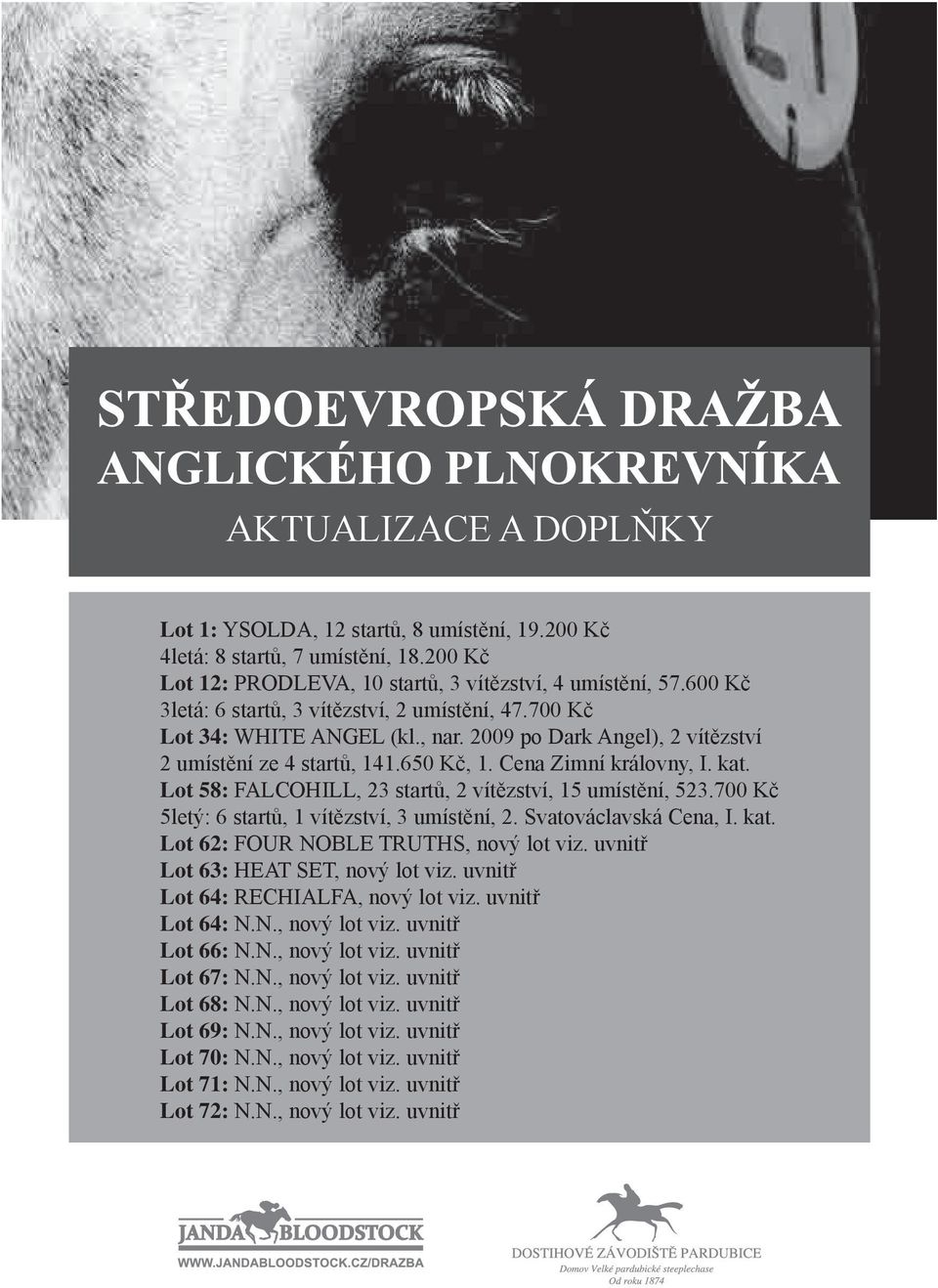 Lot 58: FALCOHILL, 23 startů, 2 vítězství, 15 umístění, 523.700 Kč 5letý: 6 startů, 1 vítězství, 3 umístění, 2. Svatováclavská Cena, I. kat. Lot 62: FOUR NOBLE TRUTHS, nový lot viz.