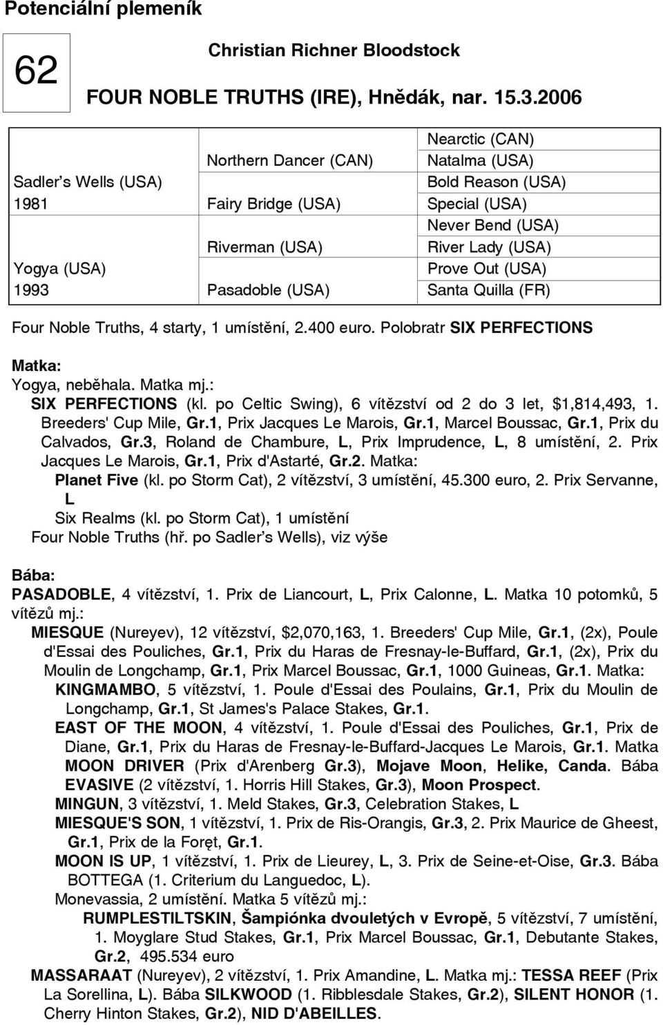 Out (USA) 1993 Pasadoble (USA) Santa Quilla (FR) Four Noble Truths, 4 starty, 1 umístění, 2.400 euro. Polobratr SIX PERFECTIONS Yogya, neběhala. Matka mj.: SIX PERFECTIONS (kl.