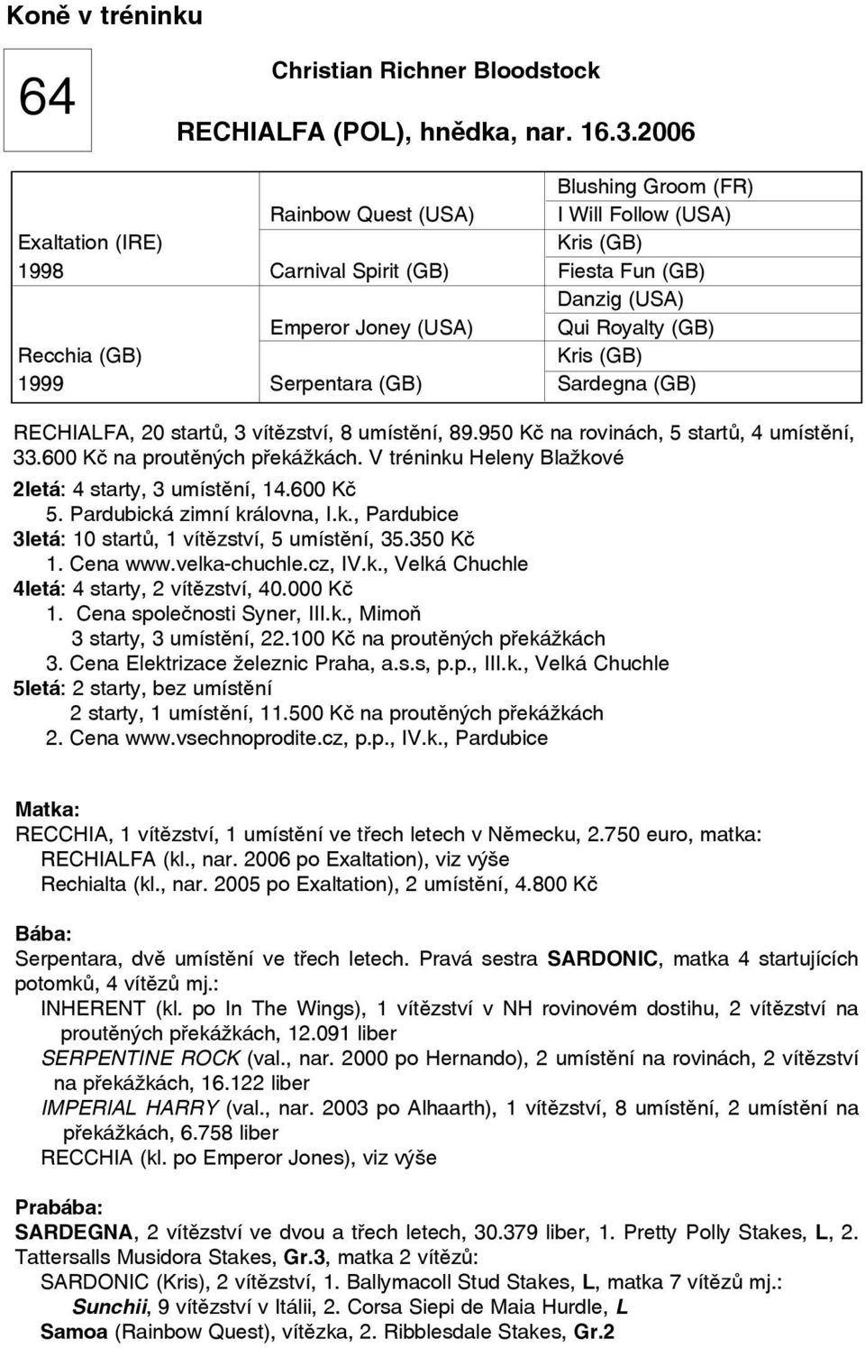 Kris (GB) 1999 Serpentara (GB) Sardegna (GB) RECHIALFA, 20 startů, 3 vítězství, 8 umístění, 89.950 Kč na rovinách, 5 startů, 4 umístění, 33.600 Kč na proutěných překážkách.