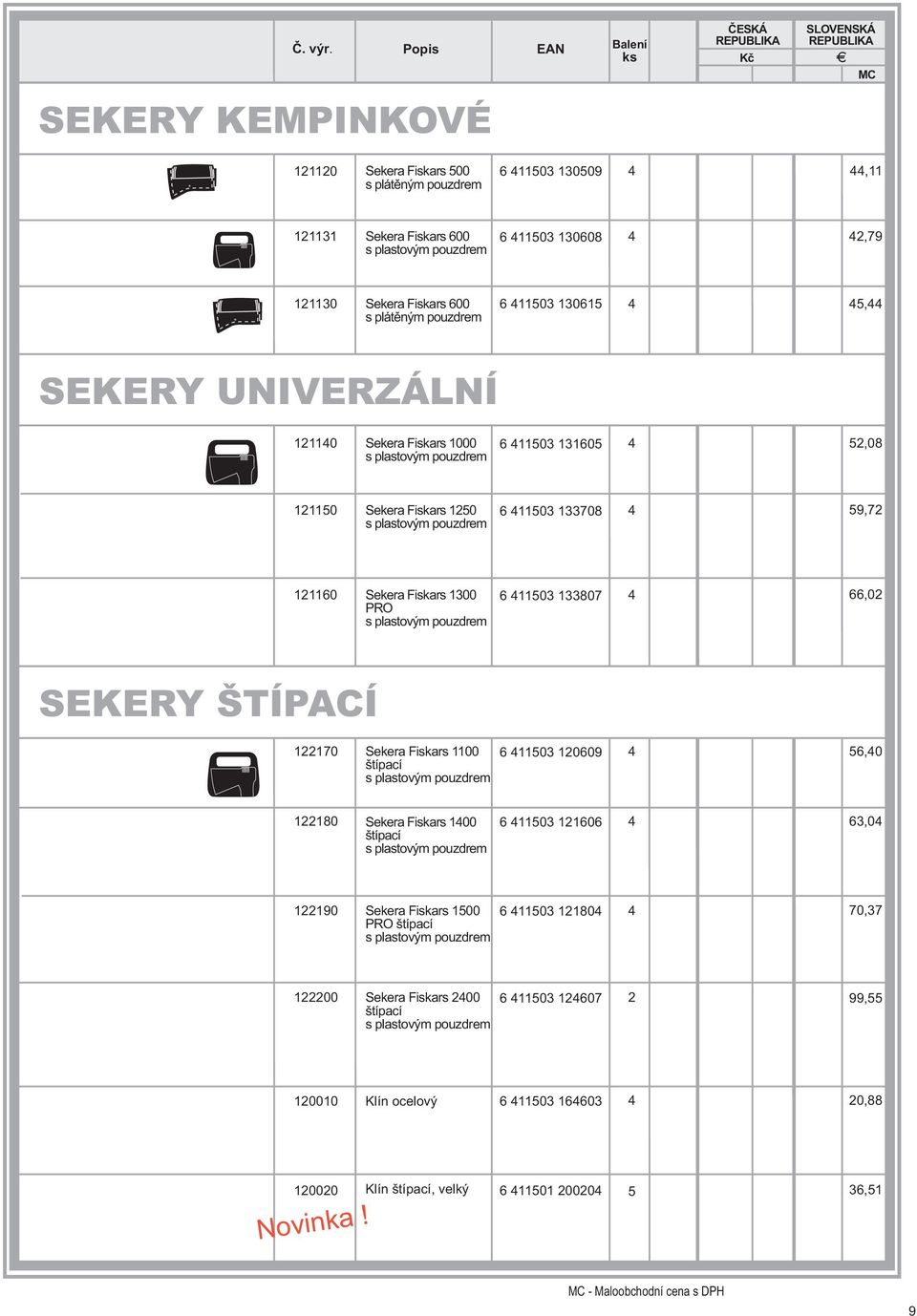 PRO s plastovým pouzdrem 6 11503 133807 66,02 SEKERY ŠTÍPACÍ 122170 Sekera Fiskars 1100 štípací s plastovým pouzdrem 6 11503 120609 56,0 122180 Sekera Fiskars 100 štípací s plastovým pouzdrem 6 11503