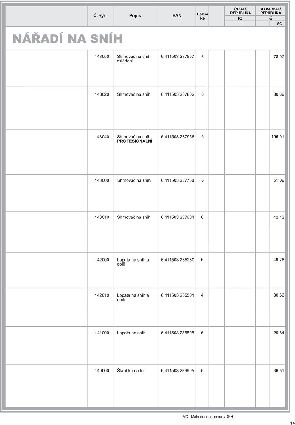 na sníh PROFESIONÁLNÍ 6 11503 237956 6 156,01 13000 Shrnovaè na sníh 6 11503 237758 6 51,09 13010 Shrnovaè na sníh 6 11503