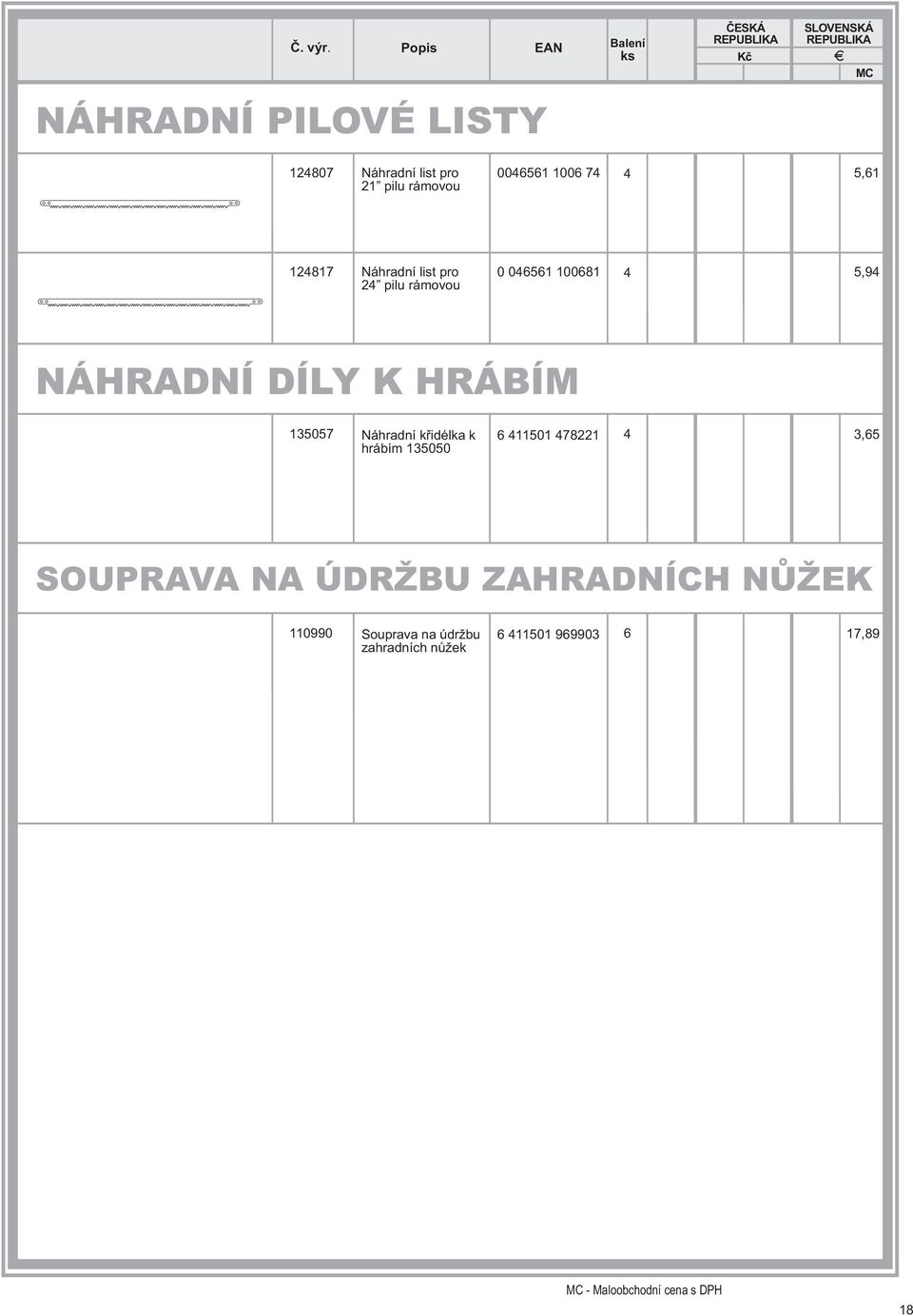 Náhradní køidélka k 6 11501 78221 3,65 hrábím 135050 SOUPRAVA NA ÚDRŽBU ZAHRADNÍCH