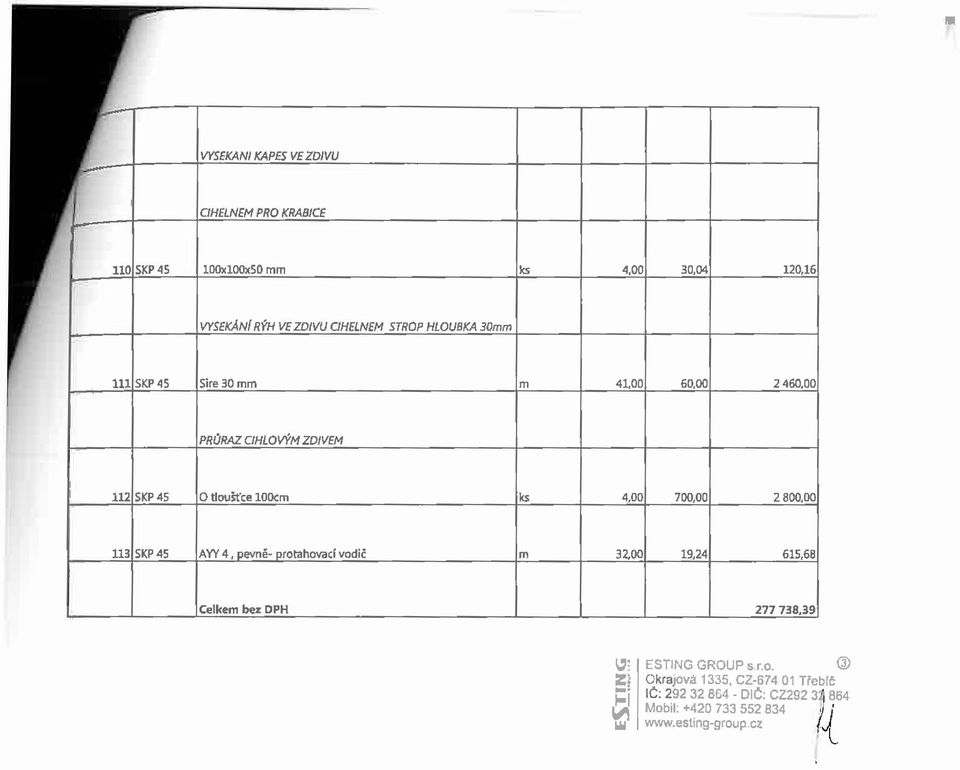 proahovací vodič Celke bez DPH 277 738,39 I# ESTING GROUP s.r.o. Z) Okrajová 1335, CZ-674