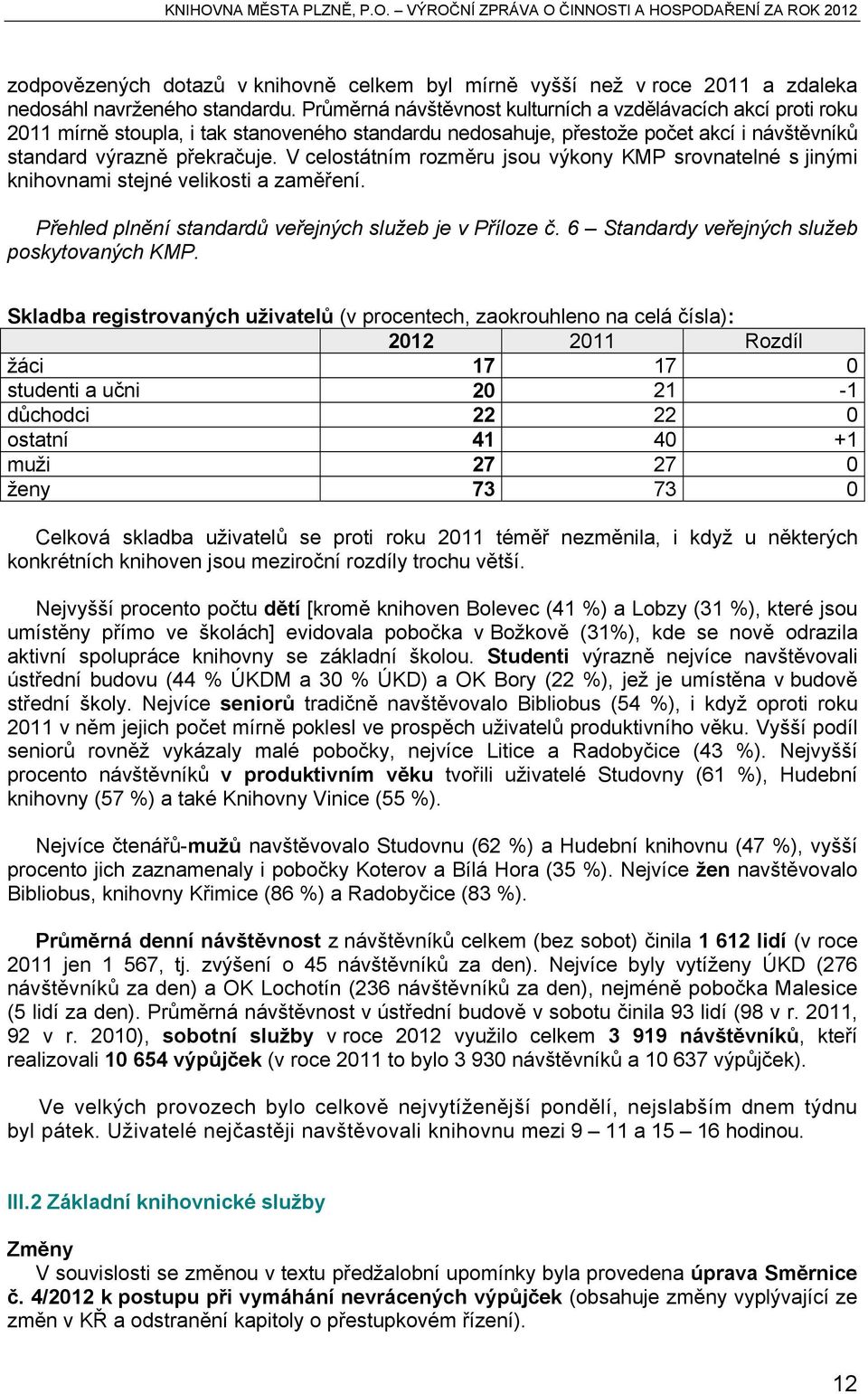V celostátním rozměru jsou výkony KMP srovnatelné s jinými knihovnami stejné velikosti a zaměření. Přehled plnění standardů veřejných služeb je v Příloze č.