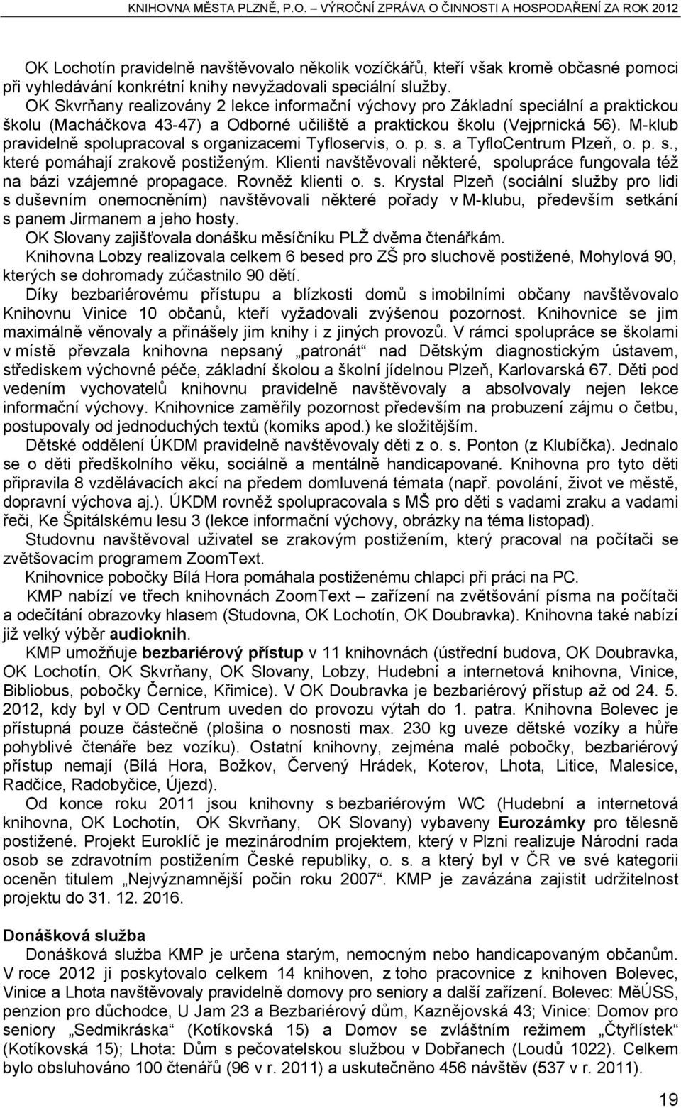 M-klub pravidelně spolupracoval s organizacemi Tyfloservis, o. p. s. a TyfloCentrum Plzeň, o. p. s., které pomáhají zrakově postiženým.