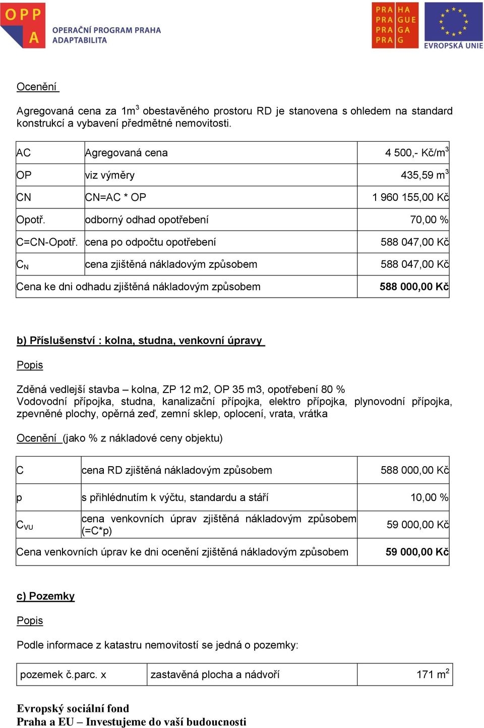 cena po odpočtu opotřebení 588 047,00 Kč C N cena zjištěná nákladovým způsobem 588 047,00 Kč Cena ke dni odhadu zjištěná nákladovým způsobem 588 000,00 Kč b) Příslušenství : kolna, studna, venkovní