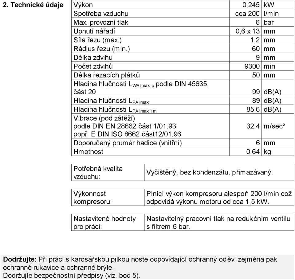 89 db(a) Hladina hlučnosti L PAI max, 1m 85,6 db(a) Vibrace (pod zátěží) podle DIN EN 28662 část 1/01.93 32,4 m/sec² popř. E DIN ISO 8662 část12/01.