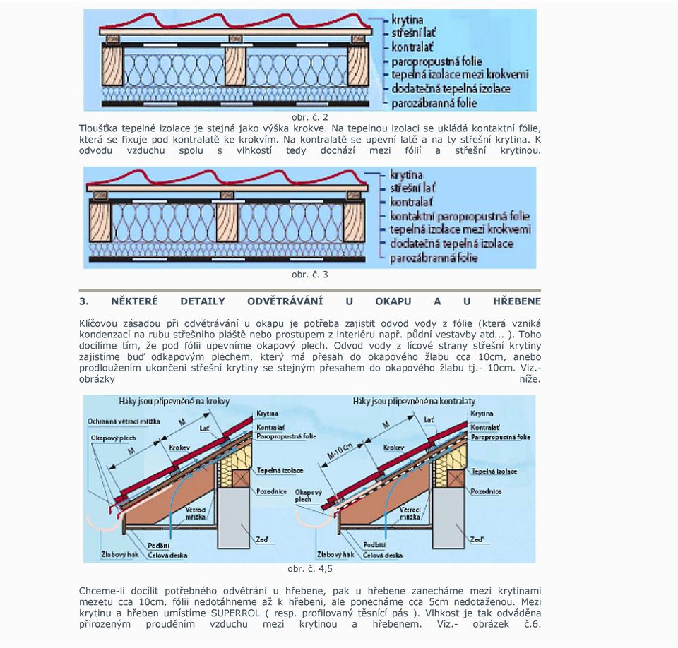 NĚKTERÉ DETAILY ODVĚTRÁVÁNÍ U OKAPU A U HŘEBENE Klíčovou zásadou při odvětrávání u okapu je potřeba zajistit odvod vody z fólie (která vzniká kondenzací na rubu střešního pláště nebo prostupem z