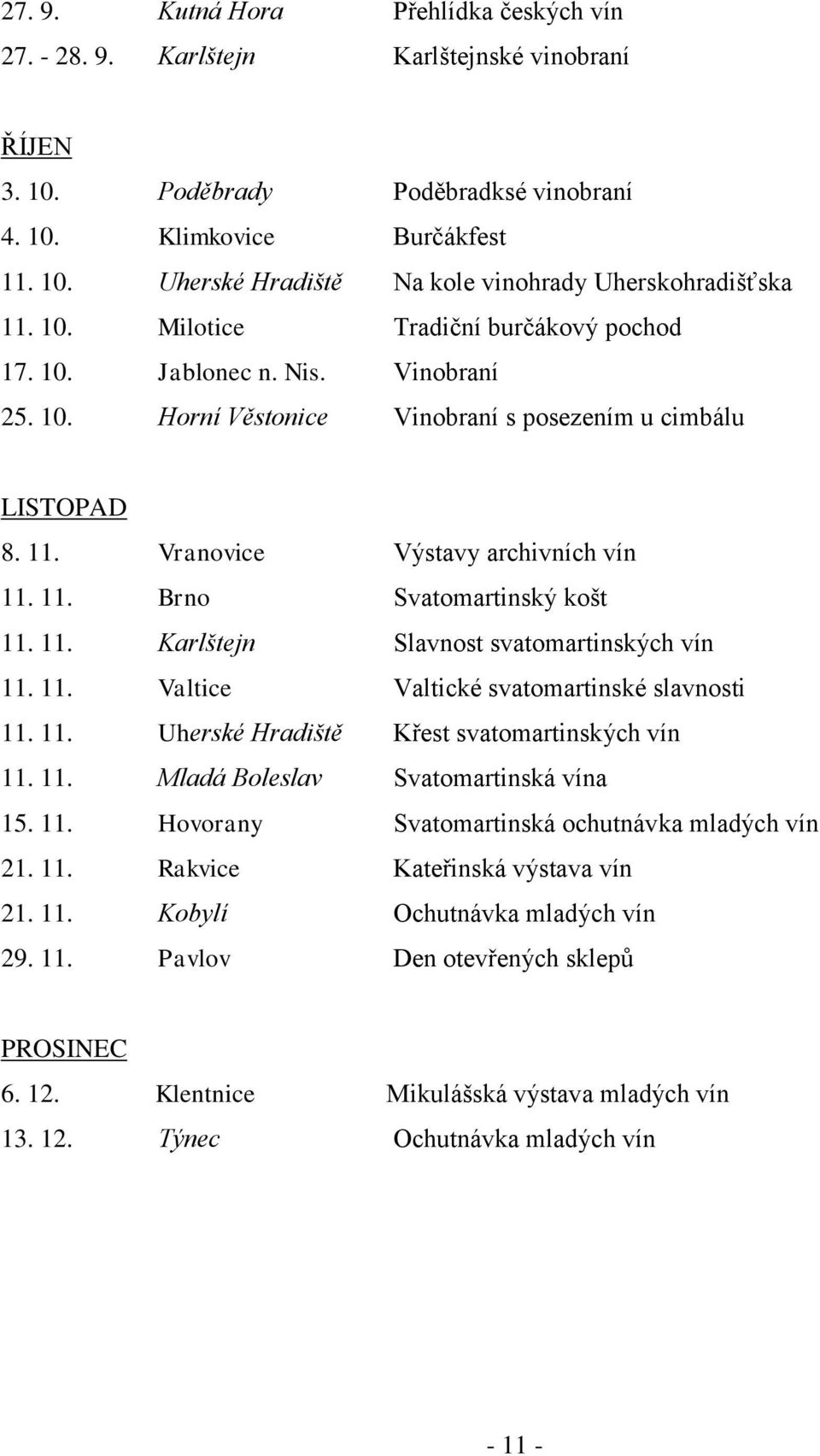 11. Karlštejn Slavnost svatomartinských vín 11. 11. Valtice Valtické svatomartinské slavnosti 11. 11. Uherské Hradiště Křest svatomartinských vín 11. 11. Mladá Boleslav Svatomartinská vína 15. 11. Hovorany Svatomartinská ochutnávka mladých vín 21.