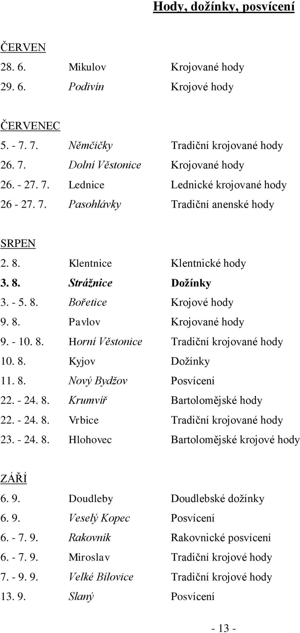 8. Kyjov Dožínky 11. 8. Nový Bydžov Posvícení 22. - 24. 8. Krumvíř Bartolomějské hody 22. - 24. 8. Vrbice Tradiční krojované hody 23. - 24. 8. Hlohovec Bartolomějské krojové hody ZÁŘÍ 6. 9.