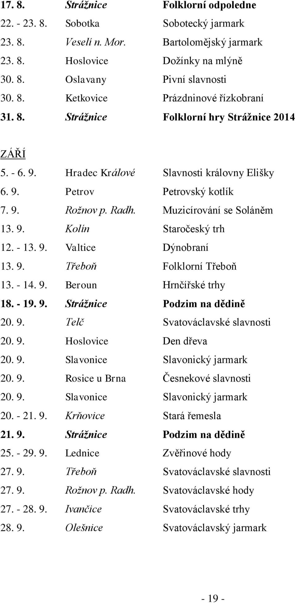 - 13. 9. Valtice Dýnobraní 13. 9. Třeboň Folklorní Třeboň 13. - 14. 9. Beroun Hrnčířské trhy 18. - 19. 9. Strážnice Podzim na dědině 20. 9. Telč Svatováclavské slavnosti 20. 9. Hoslovice Den dřeva 20.