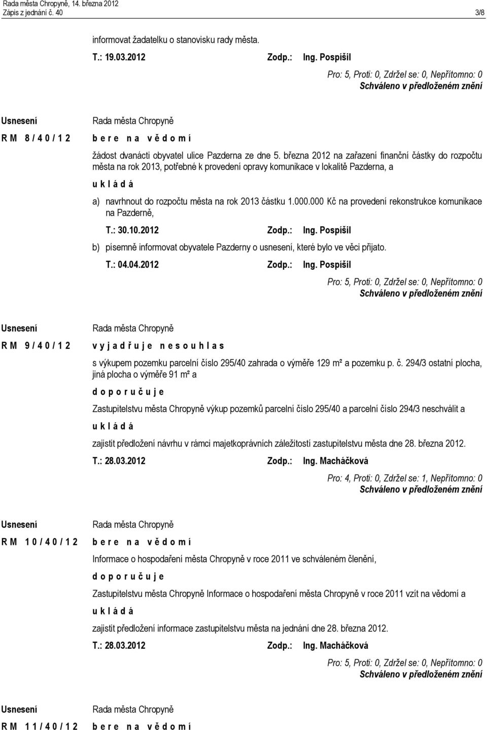 000 Kč na provedení rekonstrukce komunikace na Pazderně, T.: 30.10.2012 Zodp.: Ing.