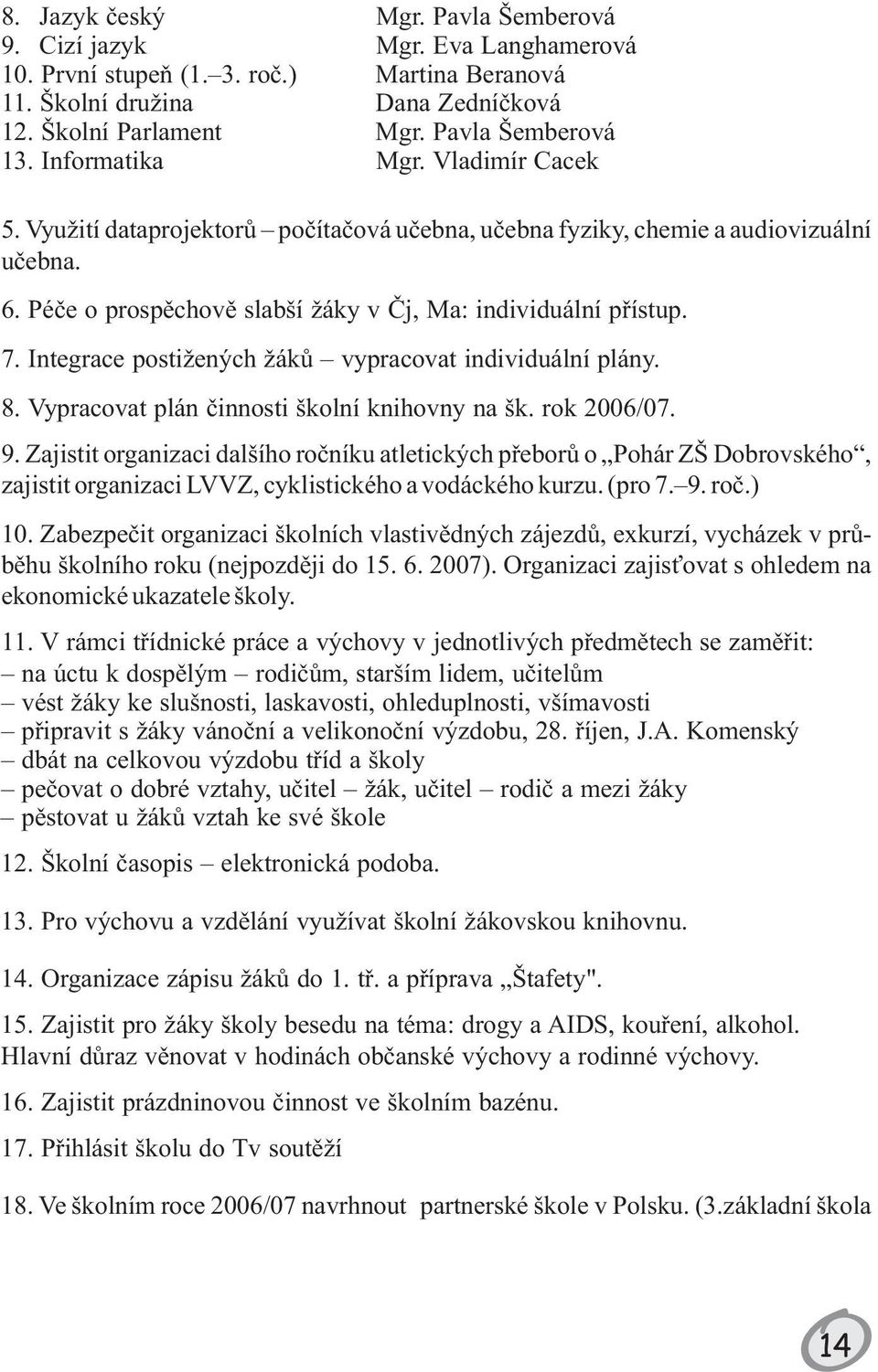 Integrace postižených žákù vypracovat individuální plány. 8. Vypracovat plán èinnosti školní knihovny na šk. rok 2006/07. 9.