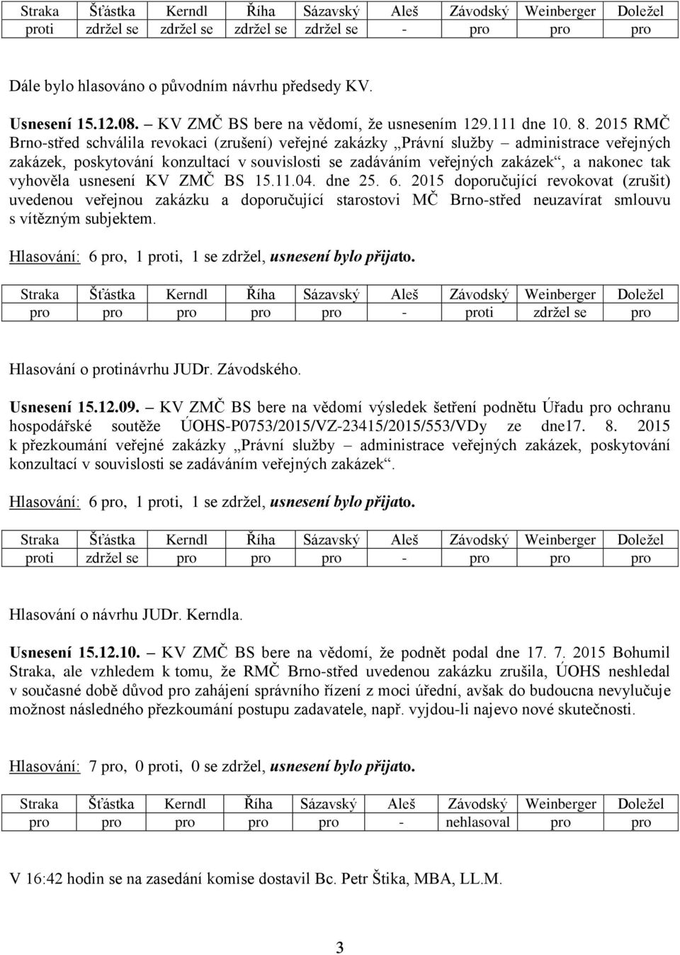 vyhověla usnesení KV ZMČ BS 15.11.04. dne 25. 6. 2015 doporučující revokovat (zrušit) uvedenou veřejnou zakázku a doporučující starostovi MČ Brno-střed neuzavírat smlouvu s vítězným subjektem.