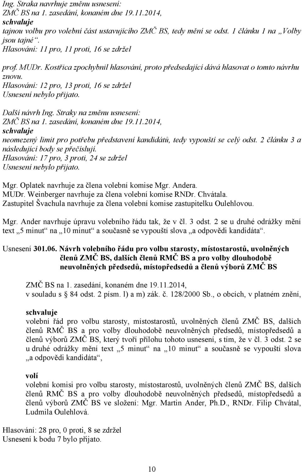 Straky na změnu usnesení: schvaluje neomezený limit pro potřebu představení kandidátů, tedy vypouští se celý odst. 2 článku 3 a následující body se přečíslují.