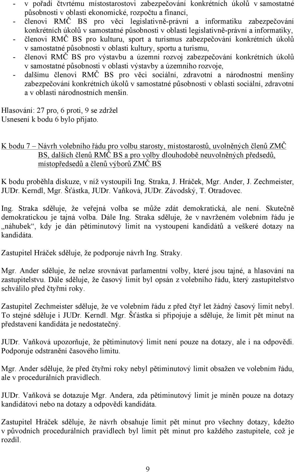 působnosti v oblasti kultury, sportu a turismu, - členovi RMČ BS pro výstavbu a územní rozvoj zabezpečování konkrétních úkolů v samostatné působnosti v oblasti výstavby a územního rozvoje, - dalšímu