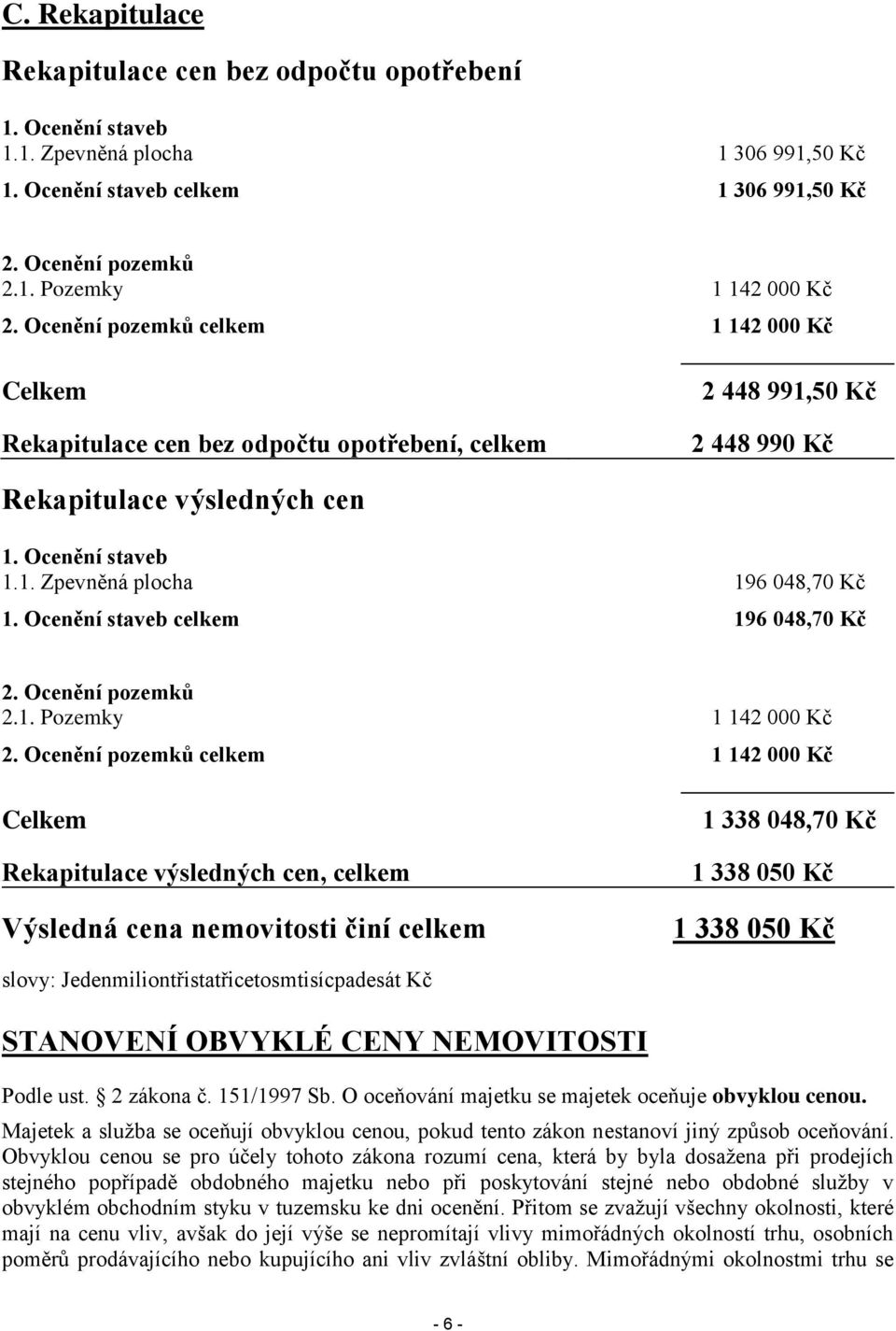 Ocenění staveb celkem 196 048,70 Kč 2. Ocenění pozemků 2.1. Pozemky 1 142 000 Kč 2.