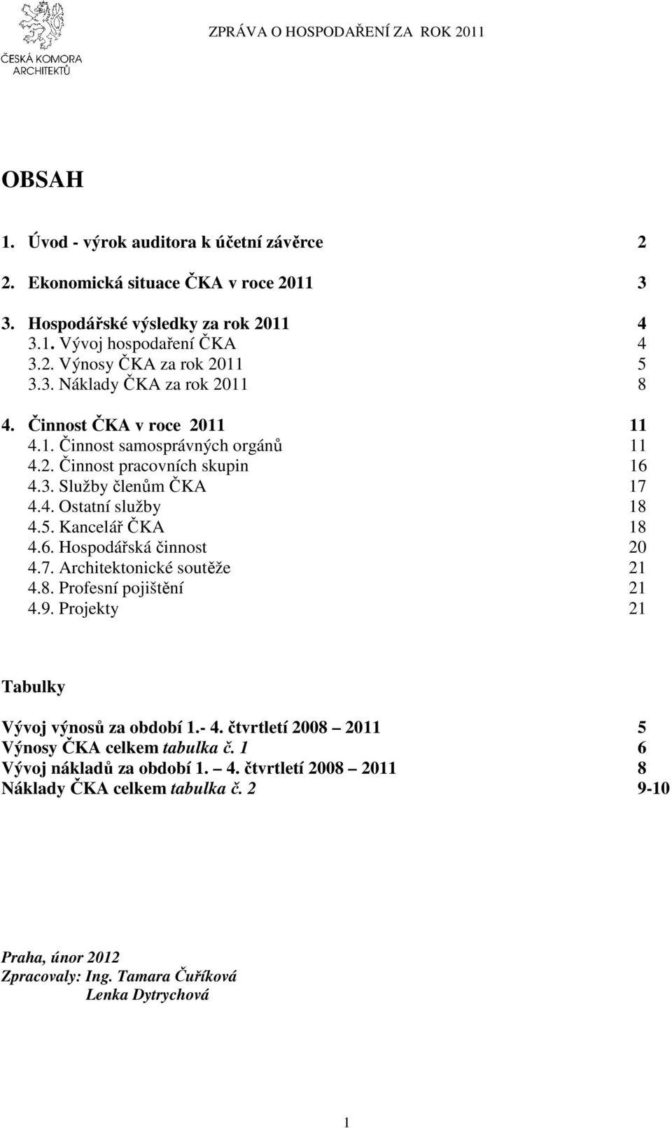 7. Architektonické soutěže 21 4.8. Profesní pojištění 21 4.9. Projekty 21 Tabulky Vývoj výnosů za období 1.- 4. čtvrtletí 2008 5 Výnosy ČKA celkem tabulka č.