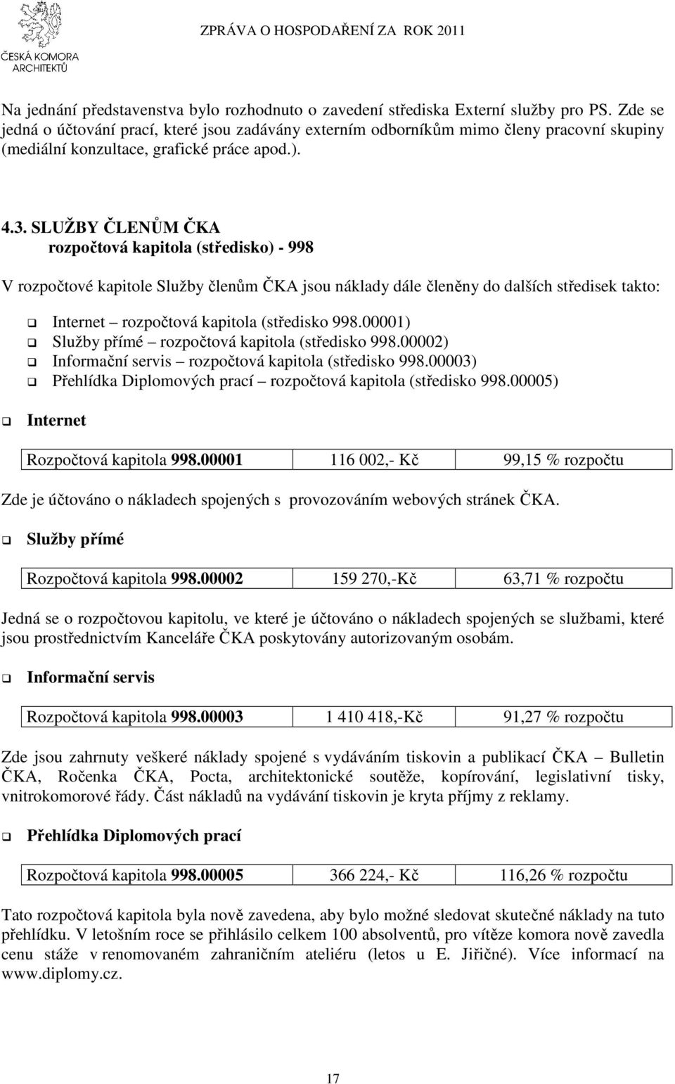 SLUŽBY ČLENŮM ČKA rozpočtová kapitola (středisko) - 998 V rozpočtové kapitole Služby členům ČKA jsou náklady dále členěny do dalších středisek takto: Internet rozpočtová kapitola (středisko 998.