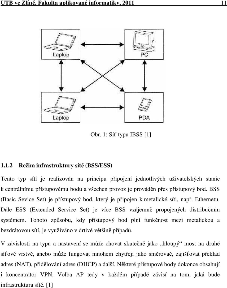 provoz je prováděn přes přístupový bod. BSS (Basic Sevice Set) je přístupový bod, který je připojen k metalické síti, např. Ethernetu.