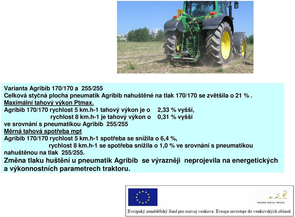 h-1 je tahový výkon o 0,31 % vyšší ve srovnání s pneumatikou Agribib 255/255 Měrná tahová spotřeba mpt Agribib 170/170 rychlost 5 km.