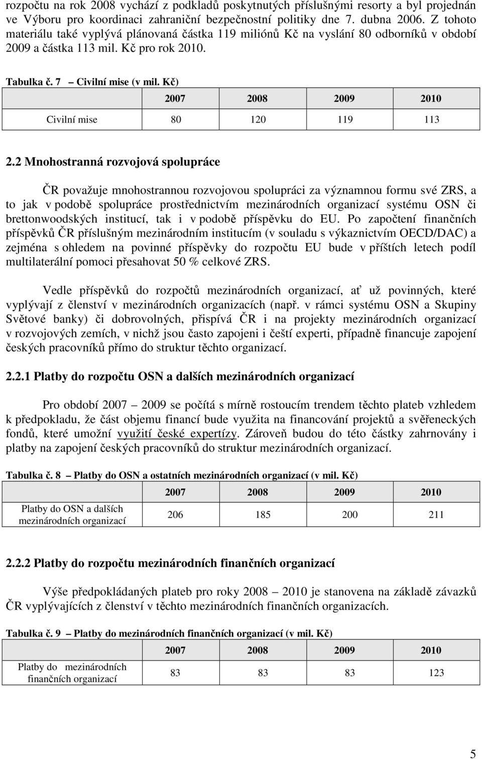 Kč) Civilní mise 80 120 119 113 2.